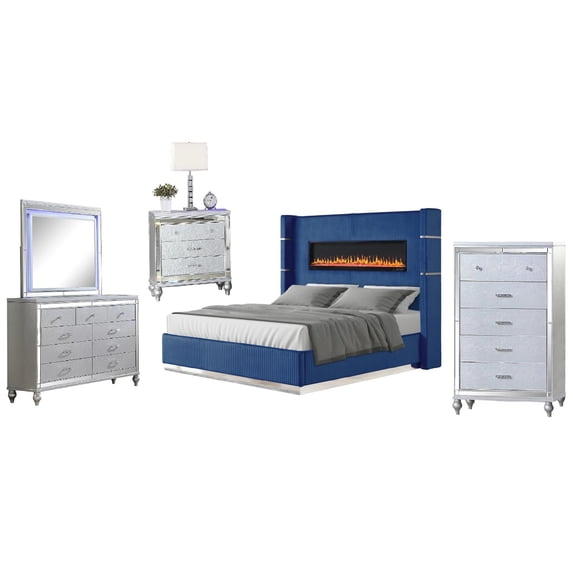 Galaxy Home Lizelle 5-Piece Velvet Upholstered King Bedroom Set in Blue