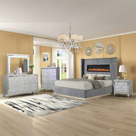 Lizelle Upholstery King 5 Pc Bedroom Set made with wood in Gray