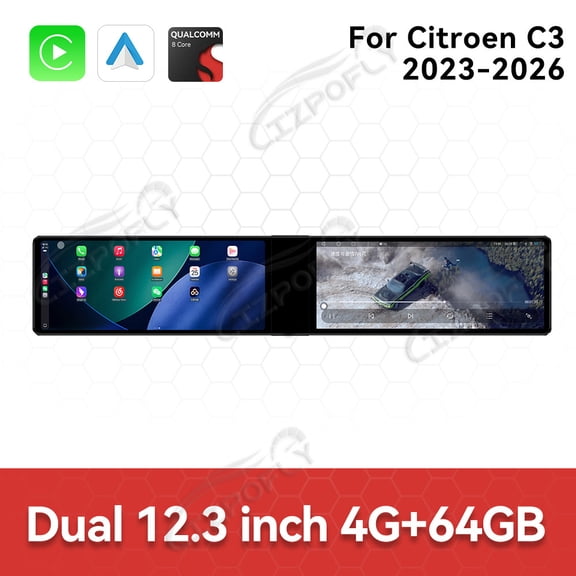 Lizpofly 12.3 inch Android Double Din Car Radio For Citroen C3 2023-2026 Car Multimedia Video Player GPS Navigation Carplay Head Unit Touch Screen