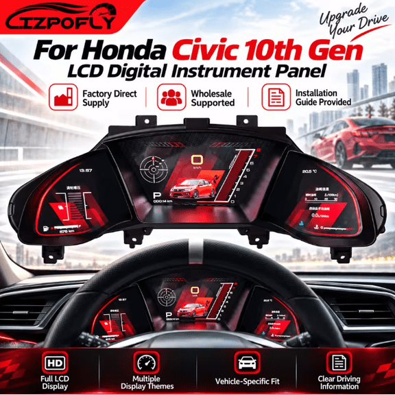 Lizpofly LCD Digital Instrument Cluster For Honda Civic 10th Gen Car Dashboard Speedometer Odometer Display Panel