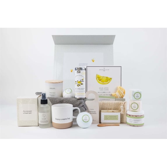 Lizush Get Well Gift Basket, all natural care package with ceramic cup, candle, bath bombs, and tea