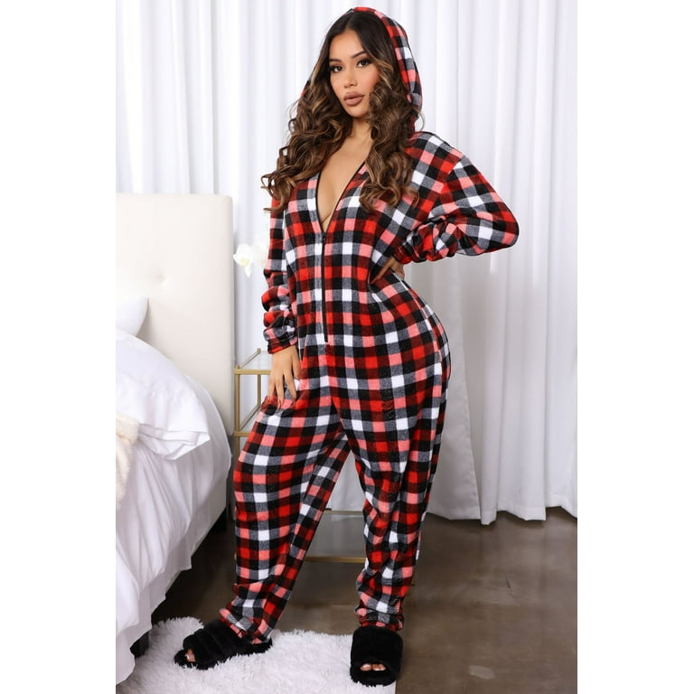 Lizxun Female Nightwear, Floral Print Long Sleeve Hooded Jumpsuit with  Zipper 