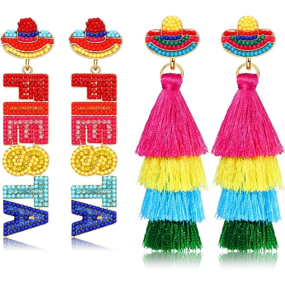 Ljia 2 Pairs Mexican Earrings Cinco De Mayo Earrings for Women, Beaded Fiesta Earrings Piñata Sombrero Chili Pepper Earrings Layered Tassel Earrings, Mexican Holiday Jewelry Gifts A416