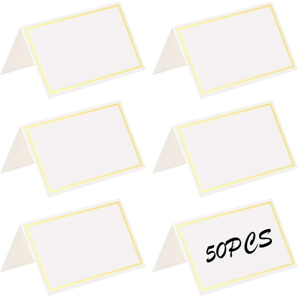 Ljia 50 Pack Table Place Cards with Gold Foil Border, Seating Cards Tent Cards for Weddings, Banquets, Events, Party Buffet, Dinner Parties, Holiday Table Setting 2 x 3.5 Inches A605