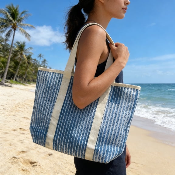 Ljiaocrou Beach Bag, Mesh Tote Bag, Large Capacity Openwork Mesh Shoulder Bag for Travel and Shopping, Lightweight Polyester Material with Colour Blocked Design
