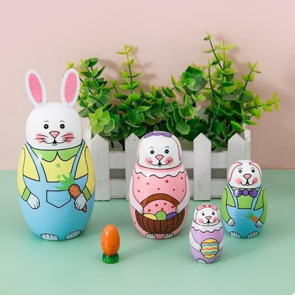 Ljiaocrou Russian Nesting Dolls, Easter Bunny Toys, Five Layer Wooden Nesting Rabbit Set for Kids, Hand Painted Craft Decoration for Seasonal Holiday Celebrations