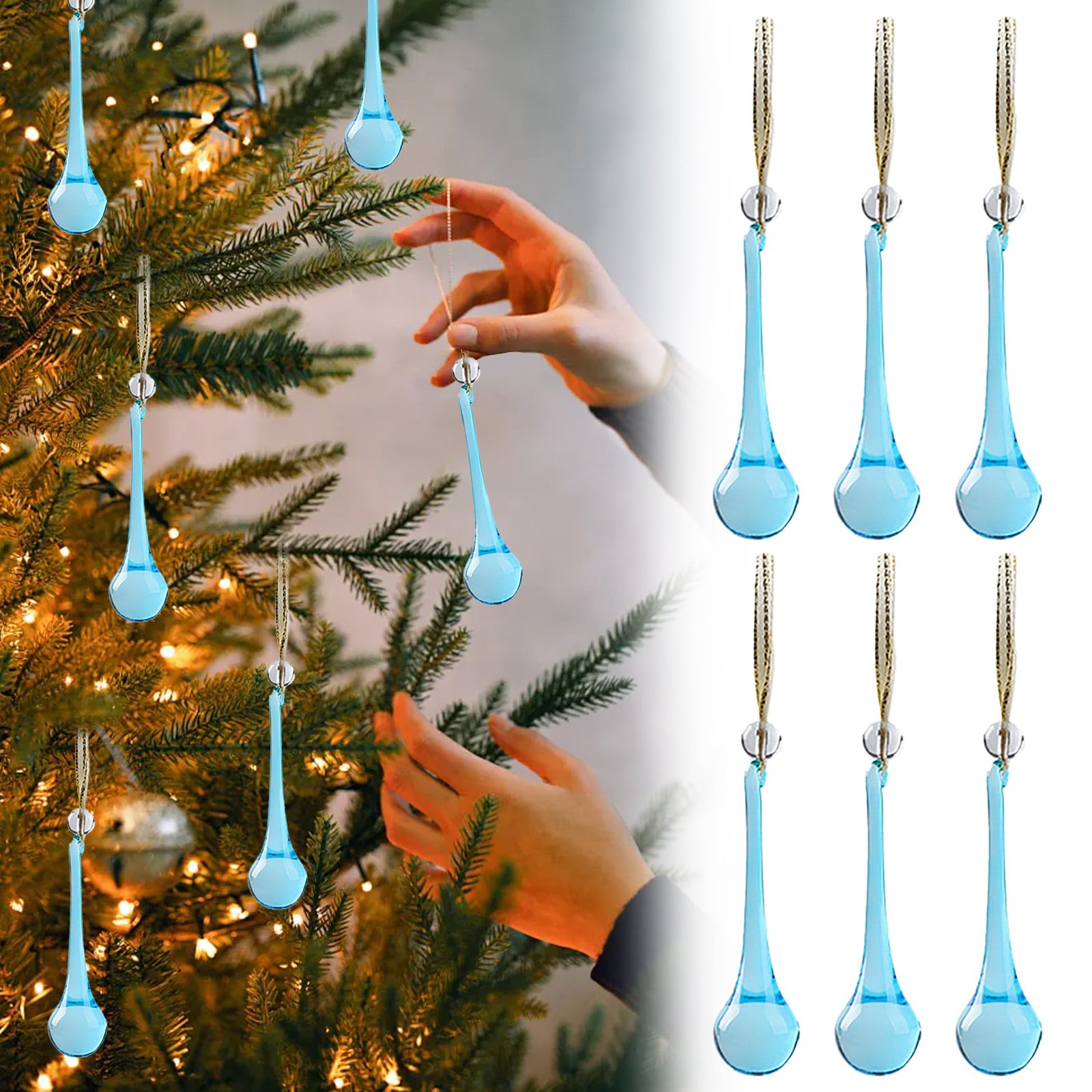 Ljkilskltr 6 Pack Glass Teardrop Ornaments, 5.11 Inch Raindrop Hanging Glass Christmas Ornaments, Sky Blue Vintage Crystal Icicle Pendants for Xmas Tree, Wreath, Chandelier, Holiday Home Decor