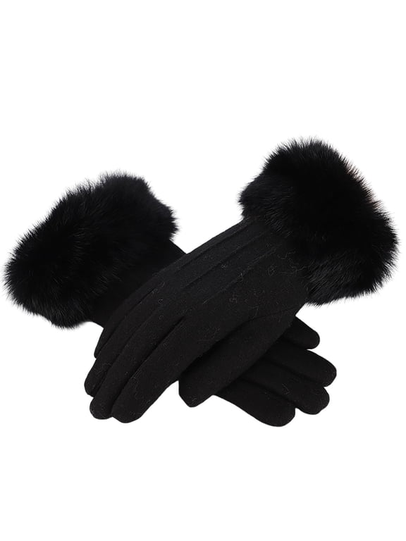 1 Pair Winter Warm Touch Screen Gloves for Women Fleece Lined Gloves Furry Plush Cuffs Mittens Soft Thermal Running Skiing Cycling Cold Weather Gloves Black