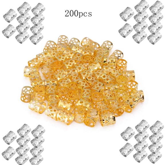 Ljudmp 200pcs Men's Women's Aluminum Hair Cuffs for Dreadlocks Twists Plaits Adjustable Clip-On Hair Styling Decorative Hair Designs Silver&Gold 200x