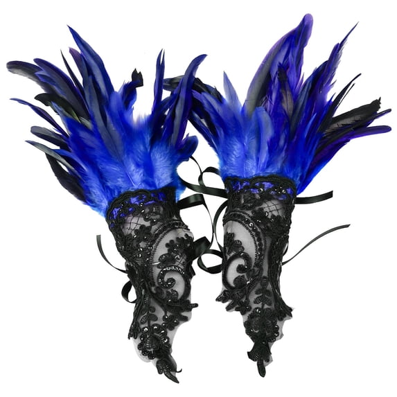Ljudmp 2Pcs/Pair Womens Gothic Black Lace Feather Long Gloves for Women Evening Party Fashion Opera Costume Swan Wristband Cuff Blue