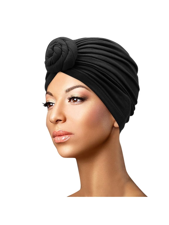 African Womens Turban Caps Pre-Tied Twisted Knot Turbans Head Scarf for Women Elastic Hair Wraps Cover Beanie Cancer Chemo Headwear Black
