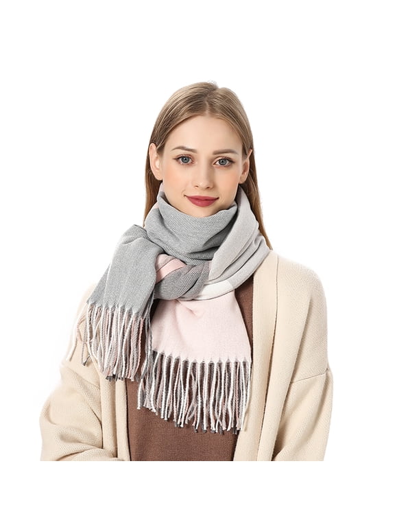 Autumn Winter Womens Fashion Plaid Printed Winter Cold Weather Warm Scarf With Tassels Long Scarves Wrap Shawl Neck Warmer 70.86"x27.55" Grey