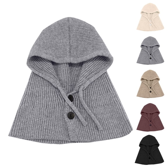 Ljudmp Button Closure Rib Knit Hooded Scarf For Women 2-in-1 Integrated Hat & Neck Warmer Winter Thermal Ear Cover Hood Hat Scarf Wrap Shawl Crochet Knit Neckwarmer Beige
