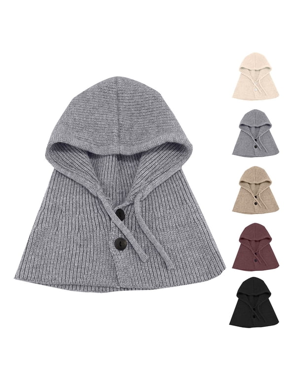 Button Closure Rib Knit Hooded Scarf For Women 2-in-1 Integrated Hat & Neck Warmer Winter Thermal Ear Cover Hood Hat Scarf Wrap Shawl Crochet Knit Neckwarmer Beige