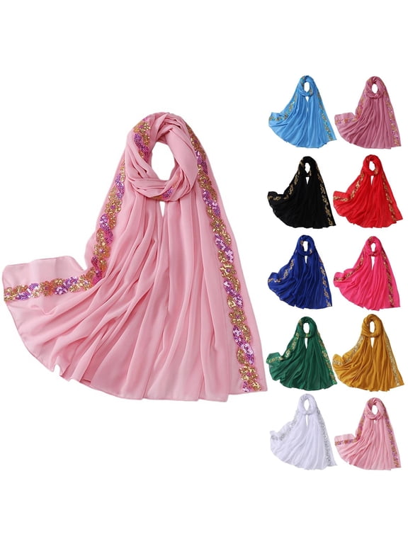 Chiffon Scarf Hijabs for Women Sequins Decorative Headscarf Lightweight Thin Shawl Wrap Womens Headwrap Neck Cover Black