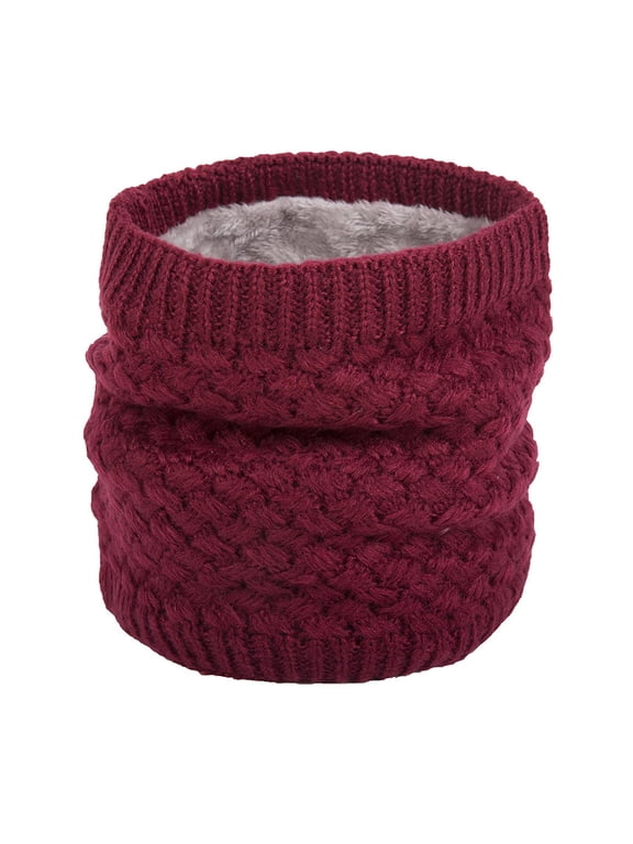 Double-Layer Fleece Lined Cable Knit Neck Warmer For Women Men Neckerchief Thick Thermal Winter Tube Neck Gaiter Windproof Knit Circle Scarf Neck Warmer Wrap Scarves Wine