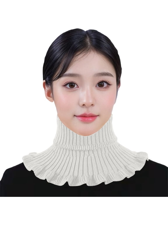 Double Layer Ruffle Knit Fake Turtleneck for Women Winter Thermal Detachable High Flounce Frill Neck Gaiter Dickey Half Top Collar Neck Warmer Fake Collar White