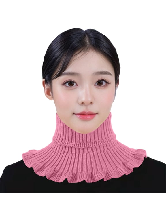 Double Layer Ruffle Knit Fake Turtleneck for Women Winter Thermal Detachable High Flounce Frill Neck Gaiter Dickey Half Top Collar Neck Warmer Fake Collar Pink