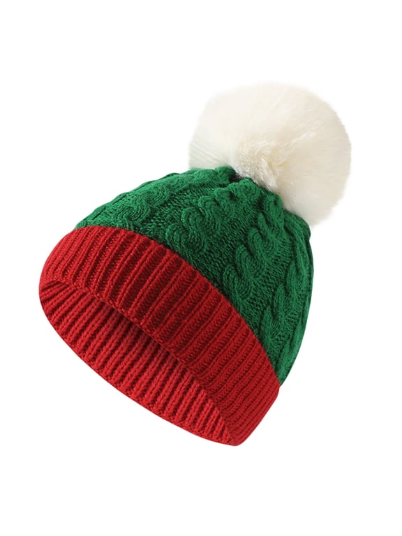Female Male Christmas Color Block Cable Knit Beanie Hat Pom Pom Winter Skull Cap Thick Warm Holiday Party Knitted Hat Green&Red