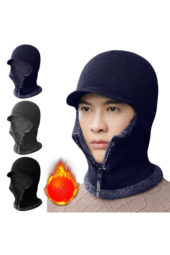 Fleece Lined Rib Knit Balaclava Hat Neck Gaiter for Men With Brim Zip Up Windproof Balaclava Thermal Rib Knit Full Head Neck Cover For Motorcycle Electric Bike Ski Black