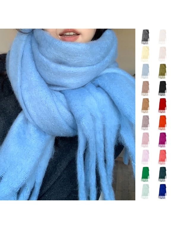 Fluffy Mohair Scarf For Women Solid Color Oversized Soft Plush Tassel Wrap Lazy Style Thick Thermal Winter Warm Shawl Wrap Neck Wrap Neckerchief Scarves for Daily & Outdoor Army Green