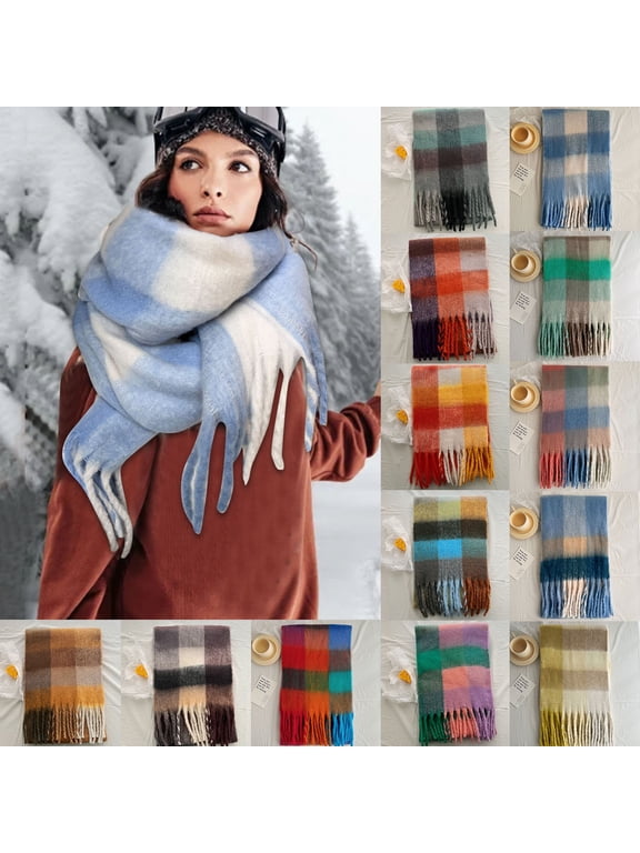 Fluffy Plaid Color Block Chunky Scarf For Women Oversized Soft Plush Tassel Thick Shawl Wrap Thermal Fall Winter Warm Blanket Neck Wrap Neckerchief Scarves for Daily Outdoor A
