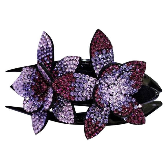 Ljudmp Glitter Sparkly Crystals Rhinestones Flower Hair Jaw Claws Clips for Women Non Slip Floral Barrettes Bun Hairpins Clamps Hair Accessories For Thick Long Hair Ponytail Purple Double Flowers