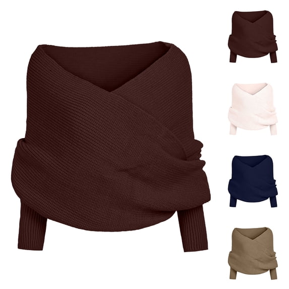 Ljudmp Knit Scarf with Sleeves for Women Knitted Shawl Wrap Sweater Crochet Pullover Tops Cape Blanket for Autumn Winter Beige