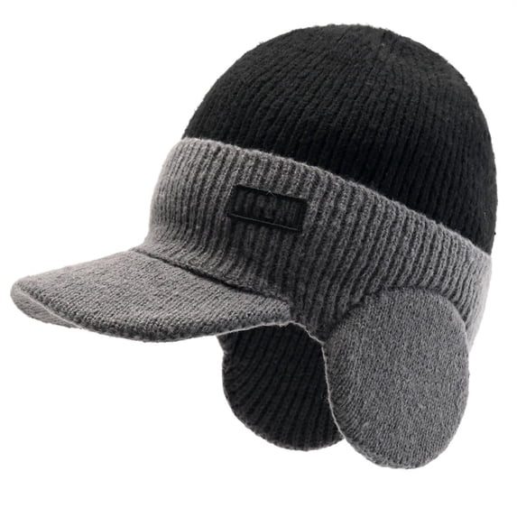 Ljudmp Men's Women's Color Block Knit Beanies Earflap Baseball Cap Elastic Skull Cap Winter Warm Windproof Trapper Hat with Brim Black