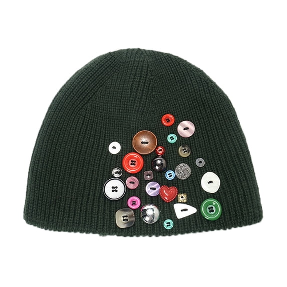 Ljudmp Women's Colorful Buttons Knitted Beanie Hat Autumn Winter Warm Skullcap Outdoor Festive Holiday Knit Beanie Ski Hat Blackish Green