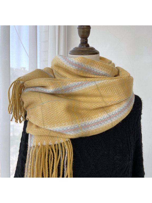 Pastel Thin Grid Plaid Fluffy Fringe Scarf For Women Fall Winter Soft Warm Tassel Blanket Check Shawl Wrap Oversized Thermal Neck Scarf for Daily Outdoor Yellow