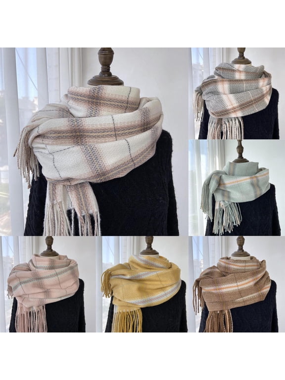 Pastel Thin Grid Plaid Fluffy Fringe Scarf For Women Fall Winter Soft Warm Tassel Blanket Check Shawl Wrap Oversized Thermal Neck Scarf for Daily Outdoor Coffee