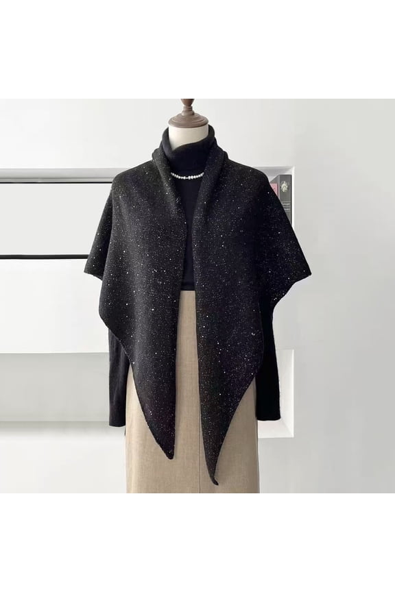 Sequin Triangle Knit Shawls Wraps For Women Poncho Shoulder Warmer Cape Neck Protecting Scarf Capelets Casual Cover Up For Formal Evening Party Dress Bride Bridesmaid Black