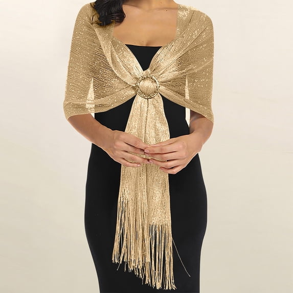 Ljudmp Sparkling Metallic Tassel Shawls Wraps For Women Buckle Front Cloak Casual Shawl Wraps Scarf Cardigan Cape Coverup Shoulder Warmer for Evening Party/Wedding/Formal Dresses Light Yellow