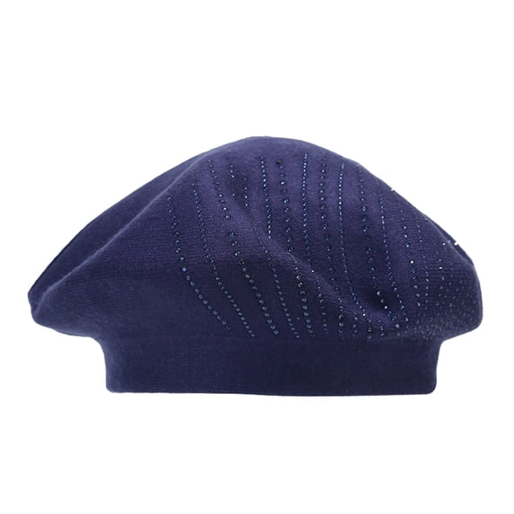 Ljudmp Sparkling Rhinestone Drill Knit Beret Hat for Women Fall Winter Elastic Plain Color Painter Cap Classic Thick Vintage Beanie Hat Navy