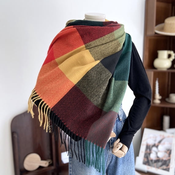 Ljudmp Winter Scarf for Women, Winter Warm Plaid Scarves, Soft Blanket Scarf with Tassel Thermal Shoulder Warmer Neck Cover Green