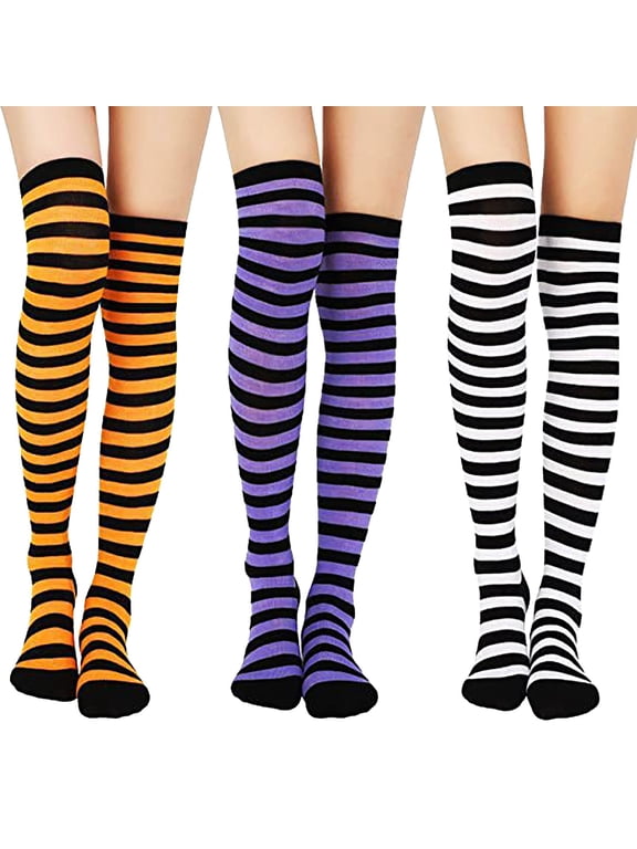 Women's 3Pairs Novelty Striped Over-the-Knee Cotton Socks Thigh High Socks Christmas Stretchy Stocking 3 Mix Color A