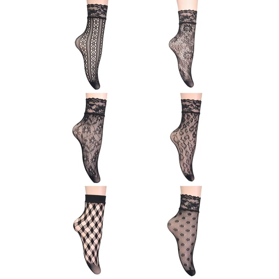 Ljudmp Women's 6 Pairs Lace Ankle Ruffle Socks Cute Sheer Mesh Fishnet Thin Nylon Crew Socks Breathable Mid Tube Socks,Size 4-10 A2 Black 6x