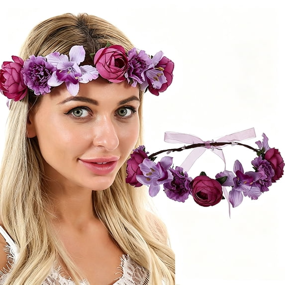 Ljudmp Women's Bohemian Simulated Rose Flower Wreath Adjustable Rose Flower Crown Headband Wedding Party Floral Headpiece Purple