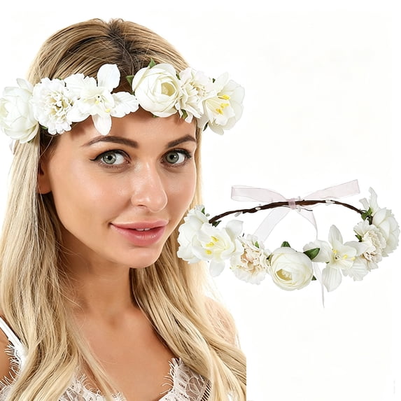 Ljudmp Women's Bohemian Simulated Rose Flower Wreath Adjustable Rose Flower Crown Headband Wedding Party Floral Headpiece White