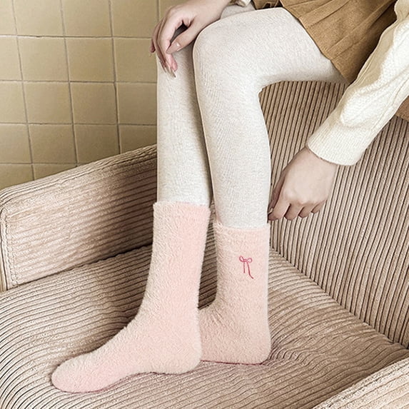 Ljudmp Women's Bow Knot Printed Fuzzy Socks Mid-Calf Warm Coral Velvet Cozy Socks Casual Cute Crew Socks for Home & Loungewear Light Pink#1
