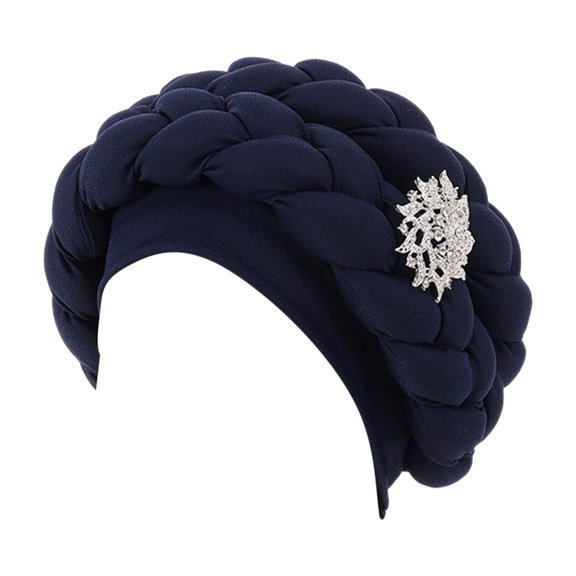 Ljudmp Women's Chemo Headwear Cap Crystal Rhinestone Decor Braid Pre Tied Head Scarf Wide Headwrap Turban Beanie Stretch Cancer Hair Cover Hat Navy