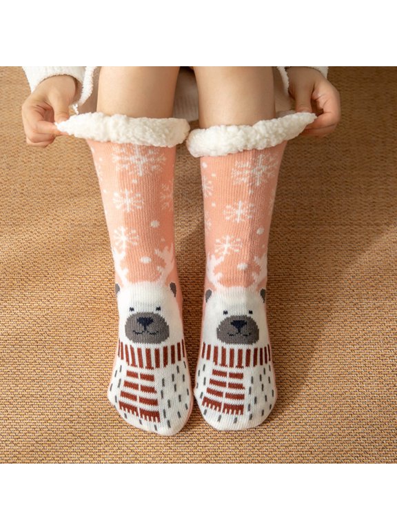 Women's Christmas Slipper Fuzzy Socks Gripper Non Slip Thick Warm Winter Soft Fleece Lining Comfy Fluffy Grips Carpet Floor Socks A2 Pink