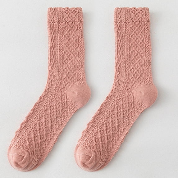 Ljudmp Women's Chunky Cable Knit Crew Socks Retro Diamond Pattern Winter Warm Socks Cold Weather Soft Mid-Calf Thermal Thick Socks Pink