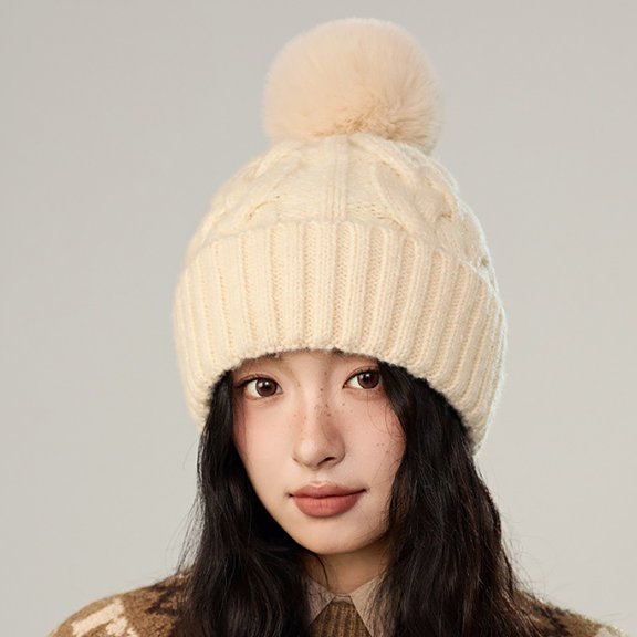 Ljudmp Women's Chunky Knit Beanie with Pom Pom High Stretchy Winter Hat Ear Warmer Skull Cap Fleece Lined Slouchy Hat For Cold Weather Daily Wear Beige