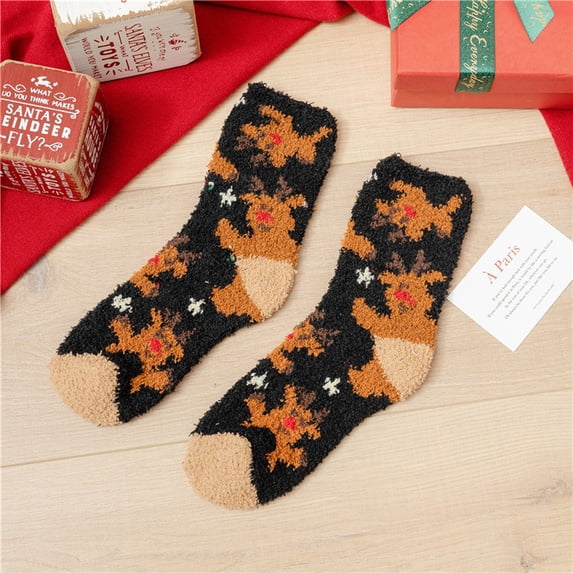 Ljudmp Women's Crew Socks Cute Warm Plush Soft Christmas Graphic Print Socks Winter Fluffy Lounge Slipper Socks Black