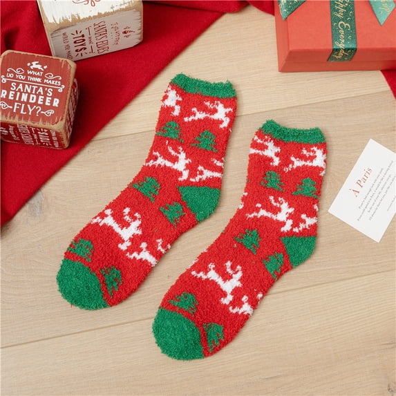 Ljudmp Women's Crew Socks Cute Warm Plush Soft Christmas Graphic Print Socks Winter Fluffy Lounge Slipper Socks Red