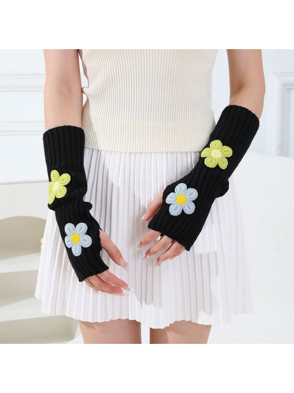 Women's Crochet Y2K Gloves Cute Stretchy Ribbed Knitted Flower Arm Warmers Fingerless Arm Sleeves Fairy Grunge Accessories Black