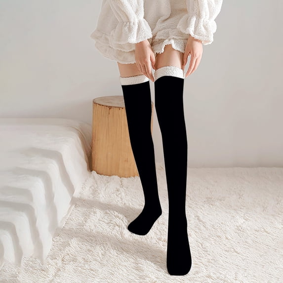 Ljudmp Women's Extra Long Thigh High Socks Over The Knee Fuzzy Stockings Contrast Color Cuff Stretch Boot Socks Coral Velvet Long Tube Floor Socks Black