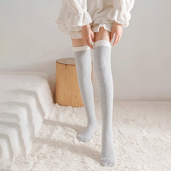 Ljudmp Women's Extra Long Thigh High Socks Over The Knee Fuzzy Stockings Contrast Color Cuff Stretch Boot Socks Coral Velvet Long Tube Floor Socks Grey